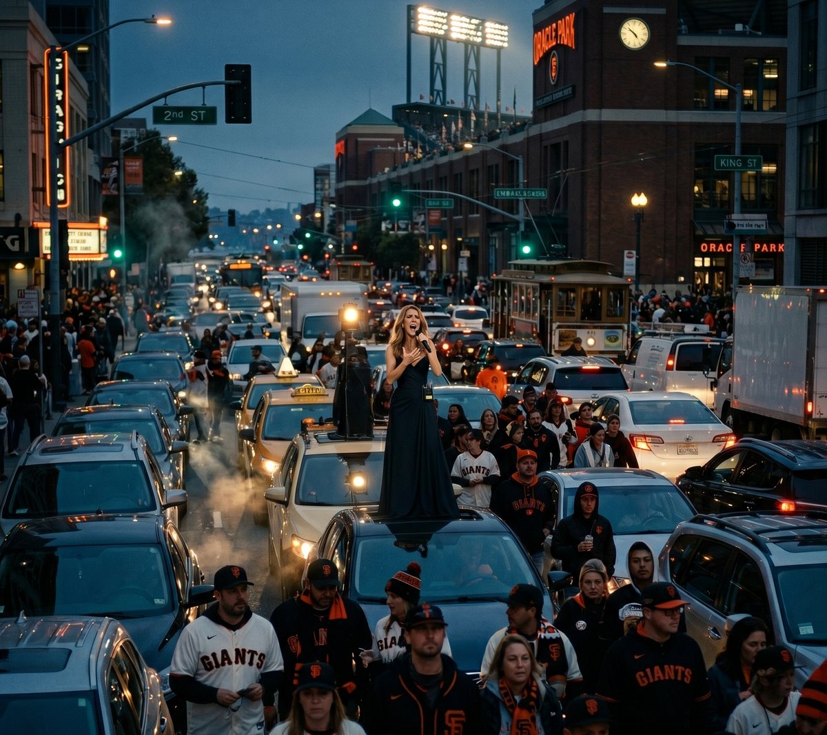 Heavy game-day traffic outside Oracle Park, with a singer mid-song atop a car in the middle of the street.